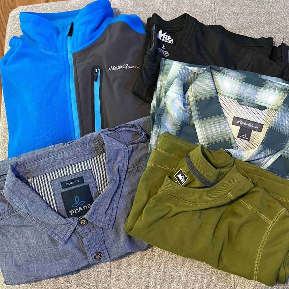 REI, Eddie Bauer, Prana Men’s Outdoor Bundle: sizes L and XL slim